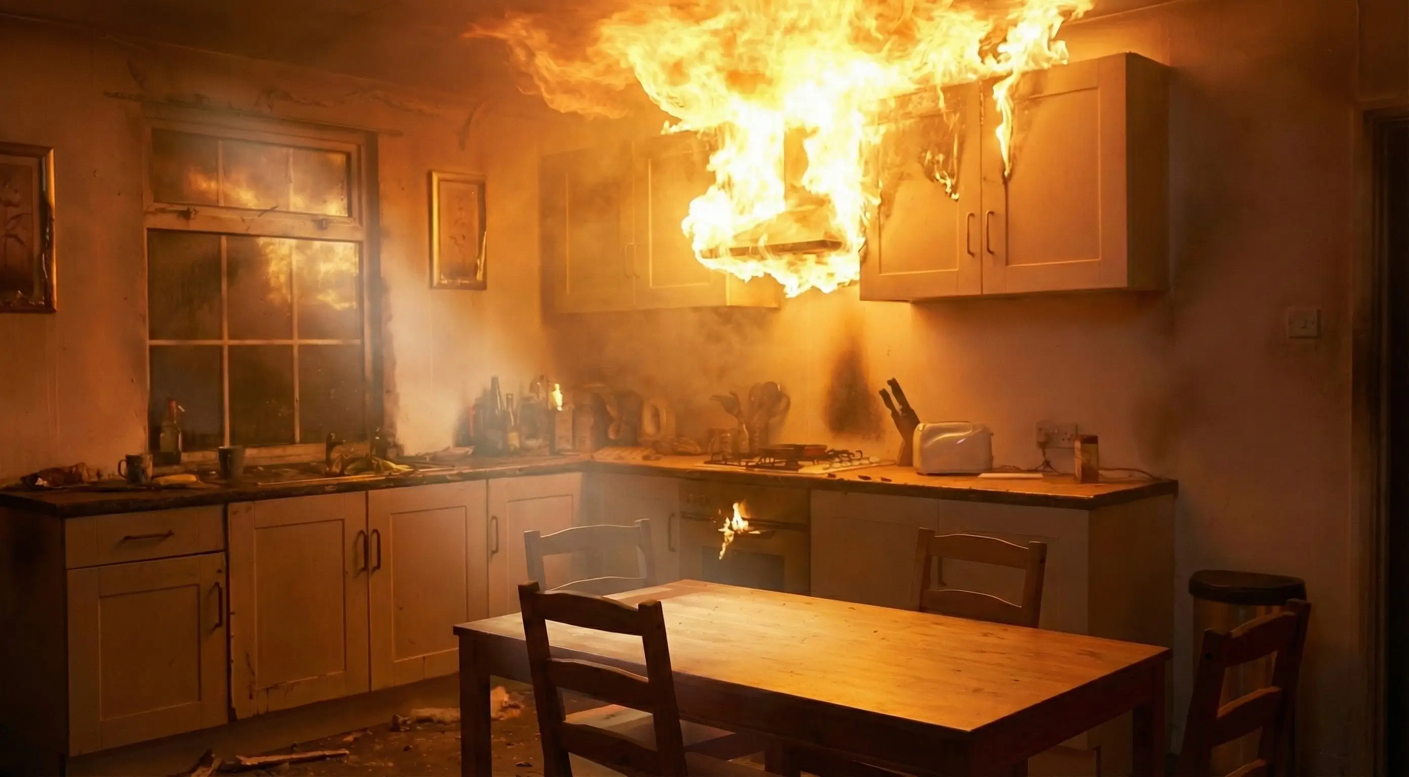 Kitchen interior with flames burning on the cabinets, stove, and range hood emitting smoke.