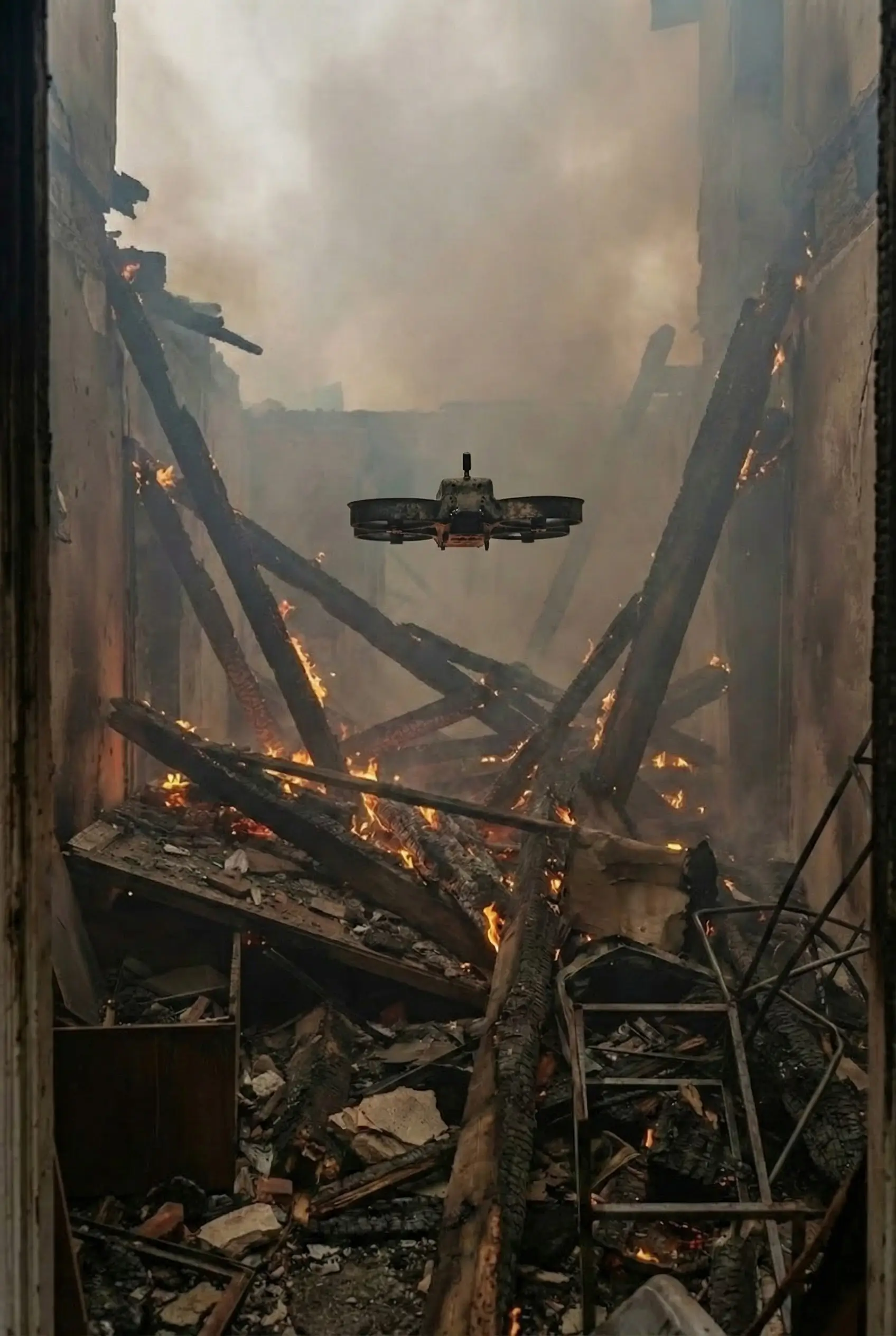 A drone flying inside a burned and smoking room with charred wooden beams still burning.