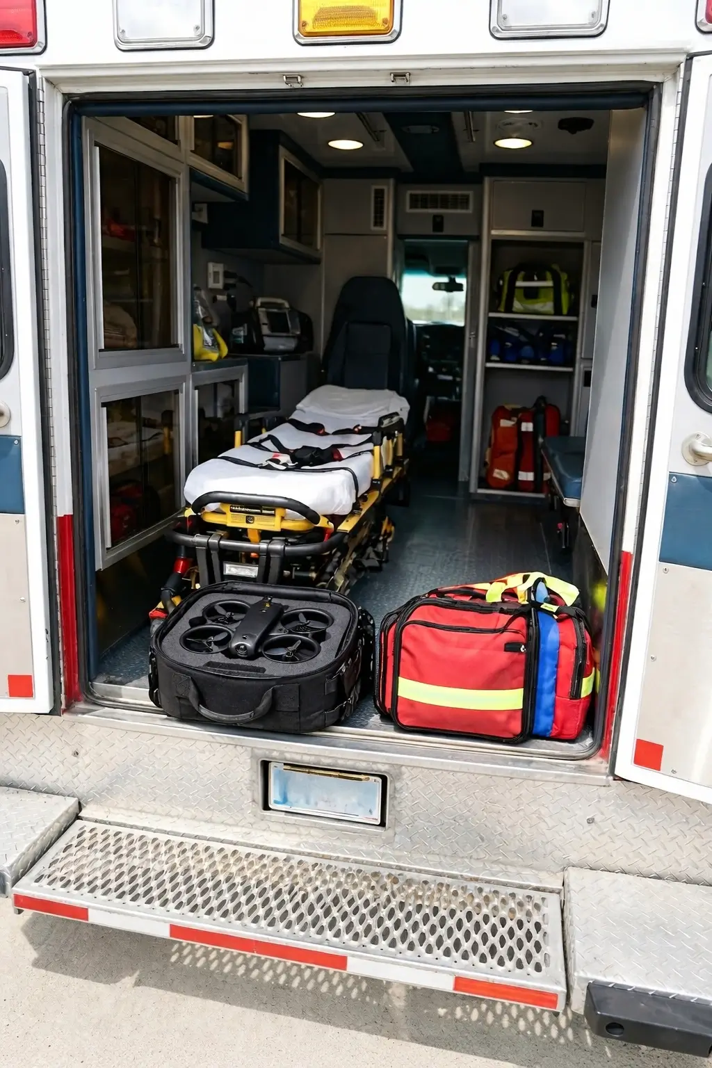 Interior of an ambulance with a stretcher, a black drone case, and a red emergency medical bag near the rear entrance.