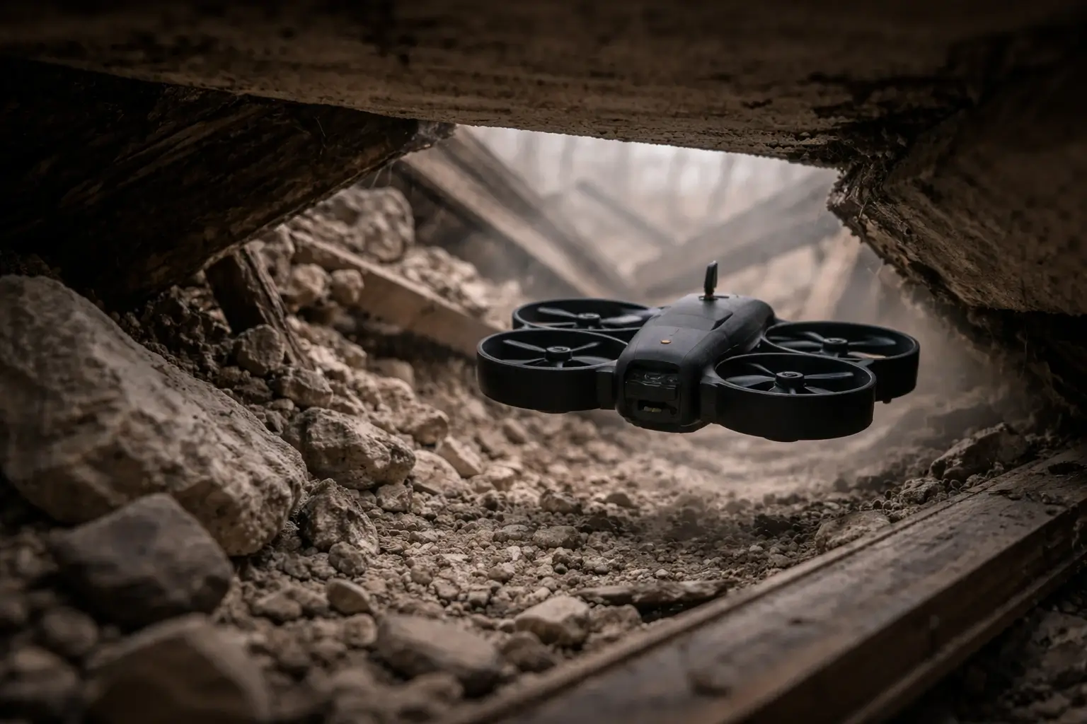 Black quadcopter drone flying low inside a rubble-strewn, collapsed structure.