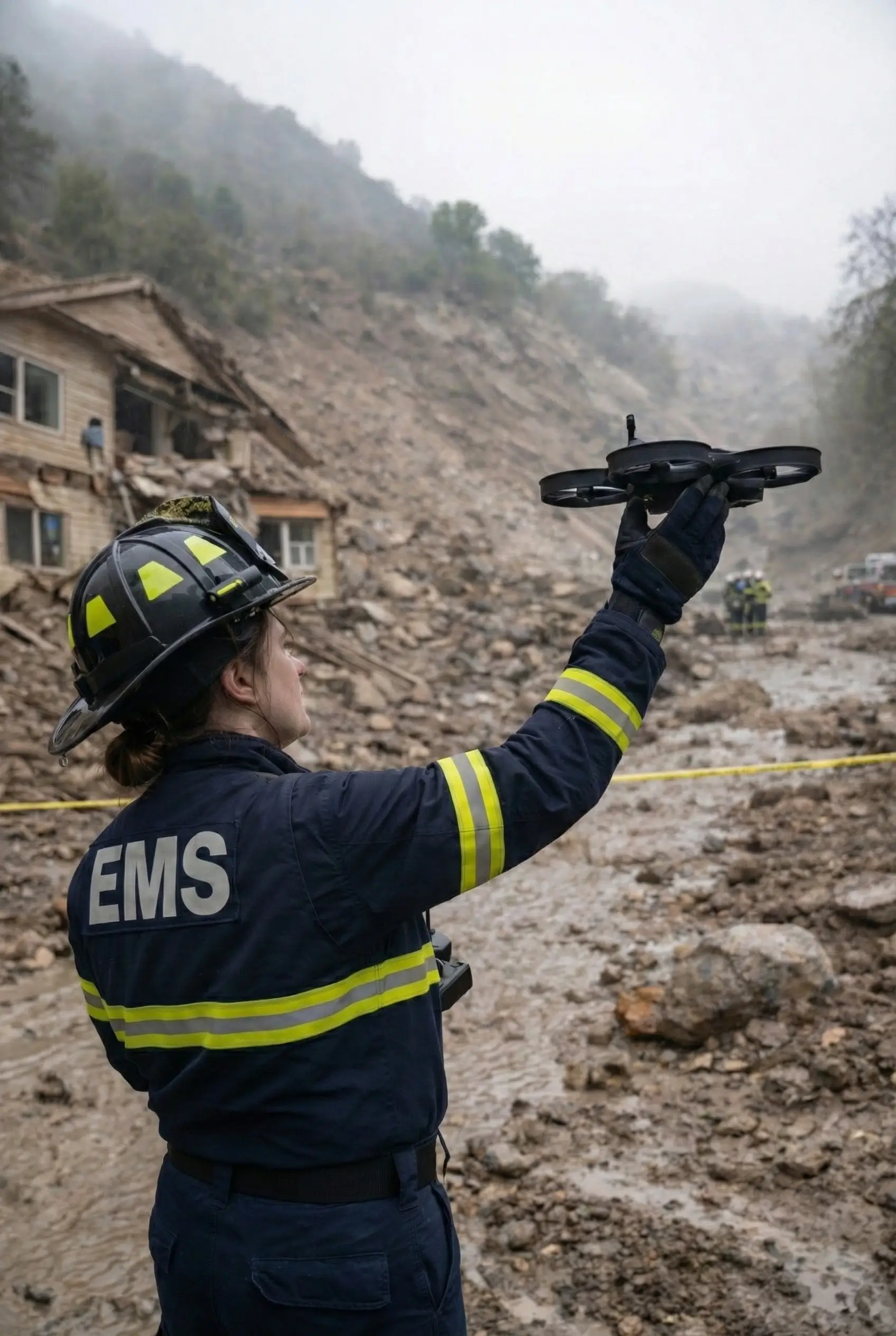 EMS responder in helmet holding a drone at a landslide site with damaged buildings and muddy terrain.