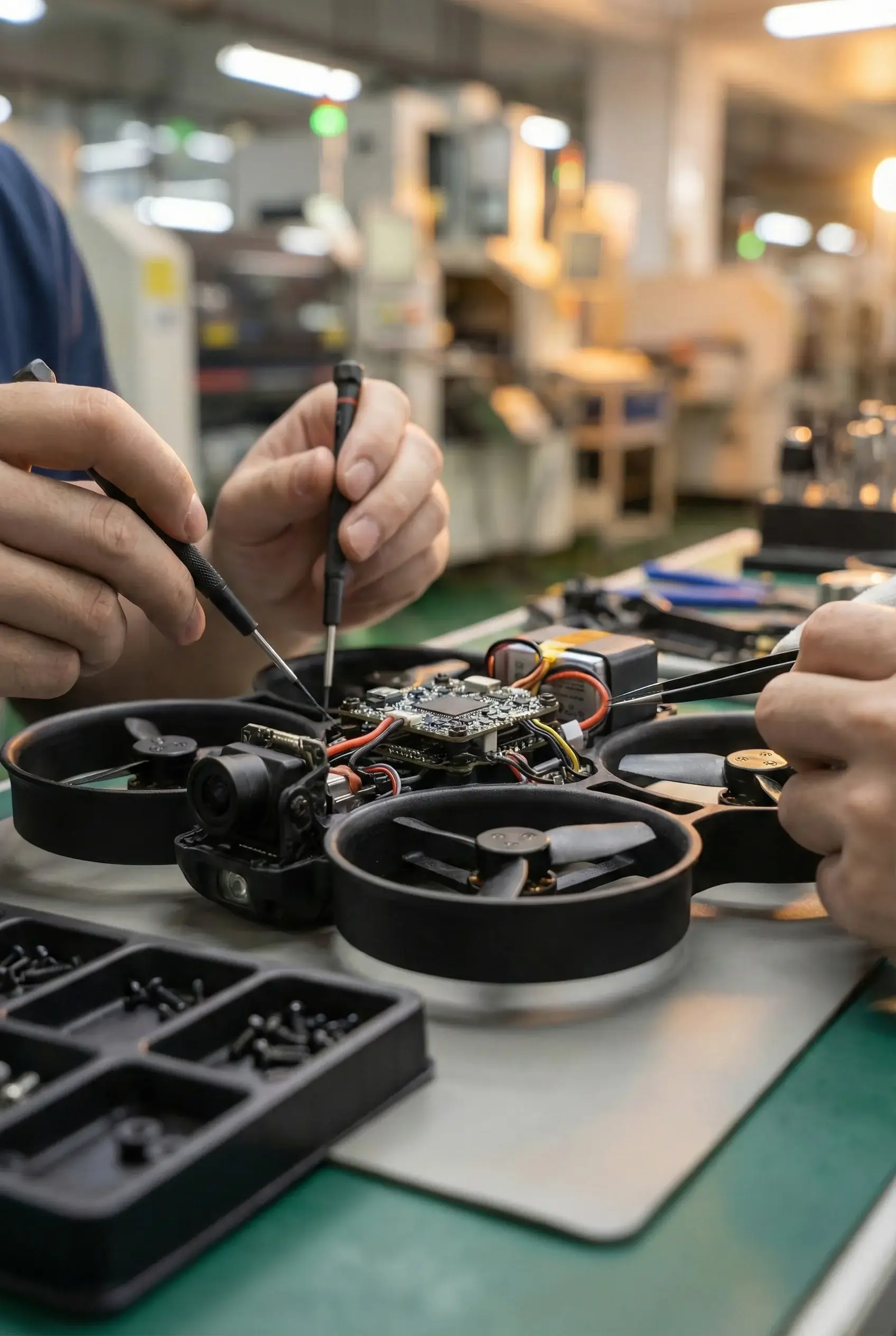 Hands assembling a drone circuit board with small screwdrivers and tweezers on a workbench.