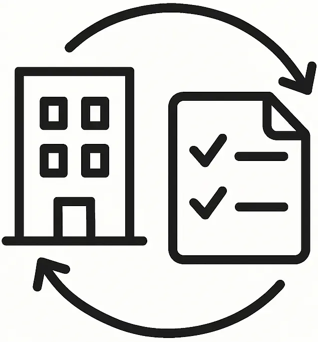 Icon showing a building and a checklist document connected by two curved arrows forming a circle.