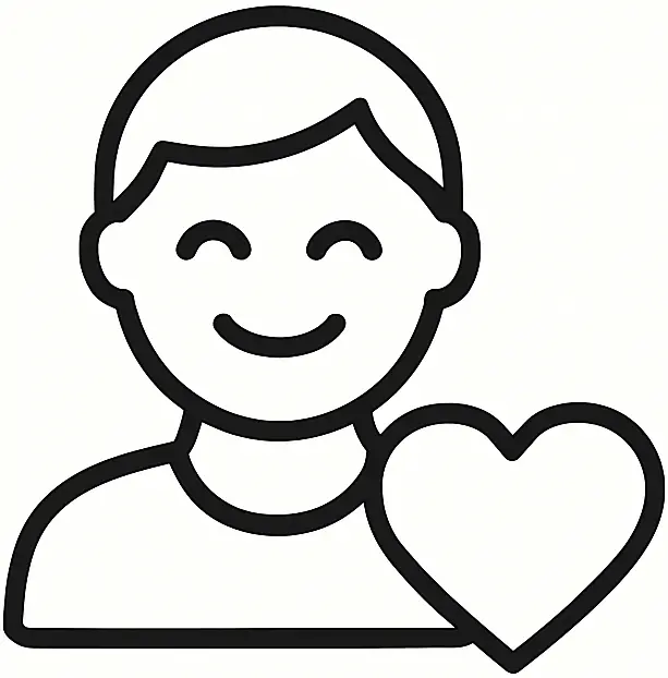 Line icon of a smiling person with a heart symbol next to their shoulder.