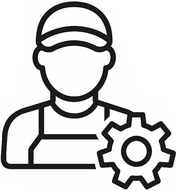 Line icon of a person wearing a cap and apron with a gear symbol representing worker or technician settings.