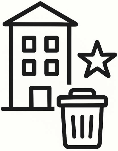 Black outline icon of a building with four windows, a door, a star, and a trash bin.