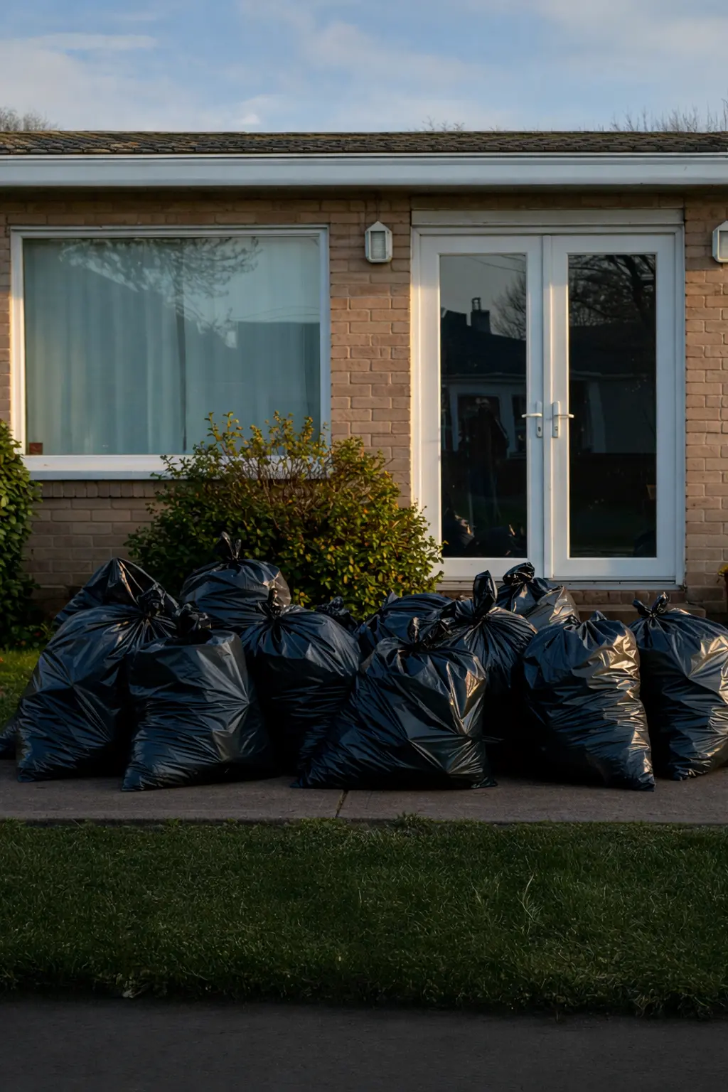 Several tied black garbage bags lined up on a sidewalk in front of a house with a window and double glass doors.