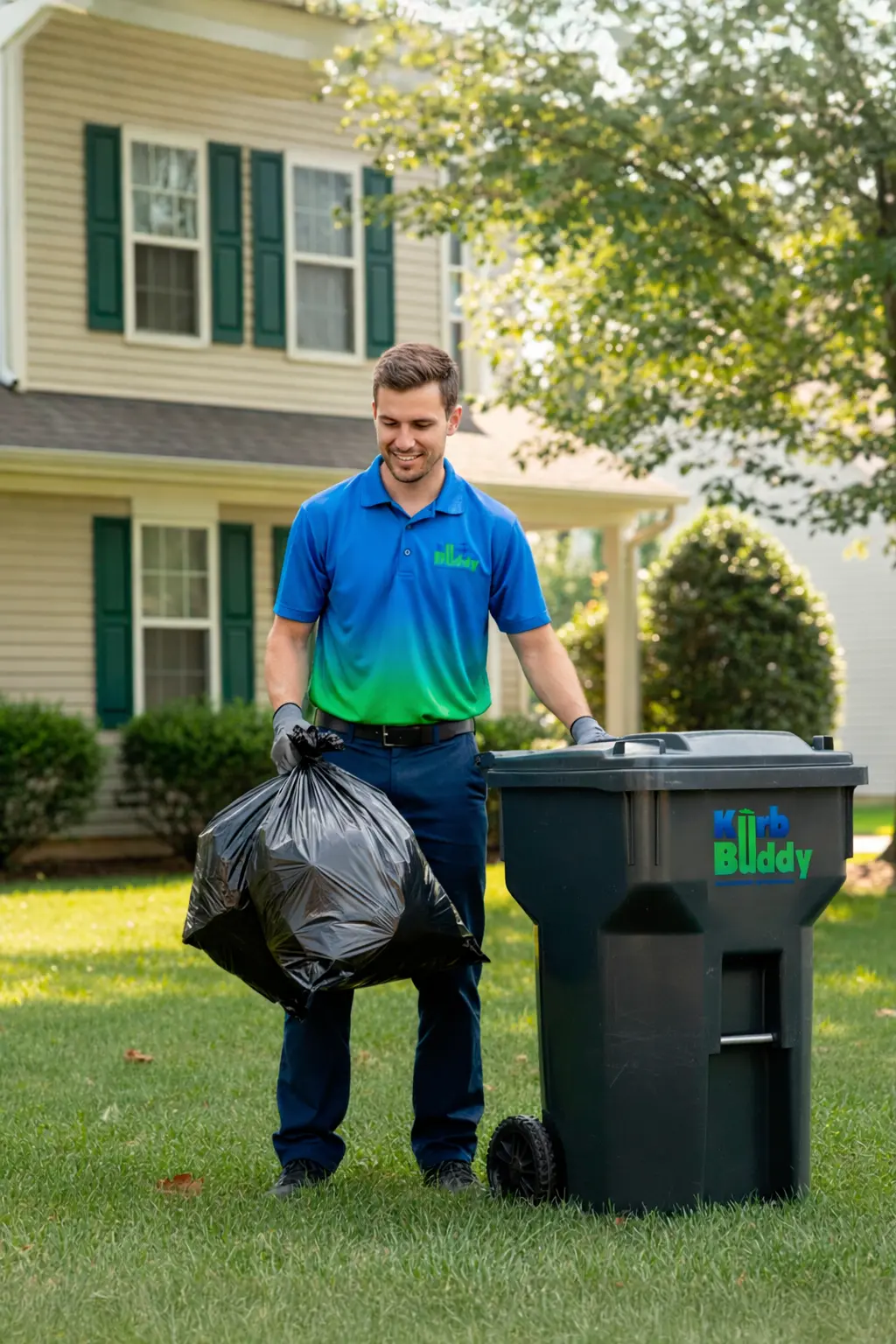 Man in blue and green polo shirt holding a black trash bag next to a black Kurb Buddy trash bin on a green lawn.