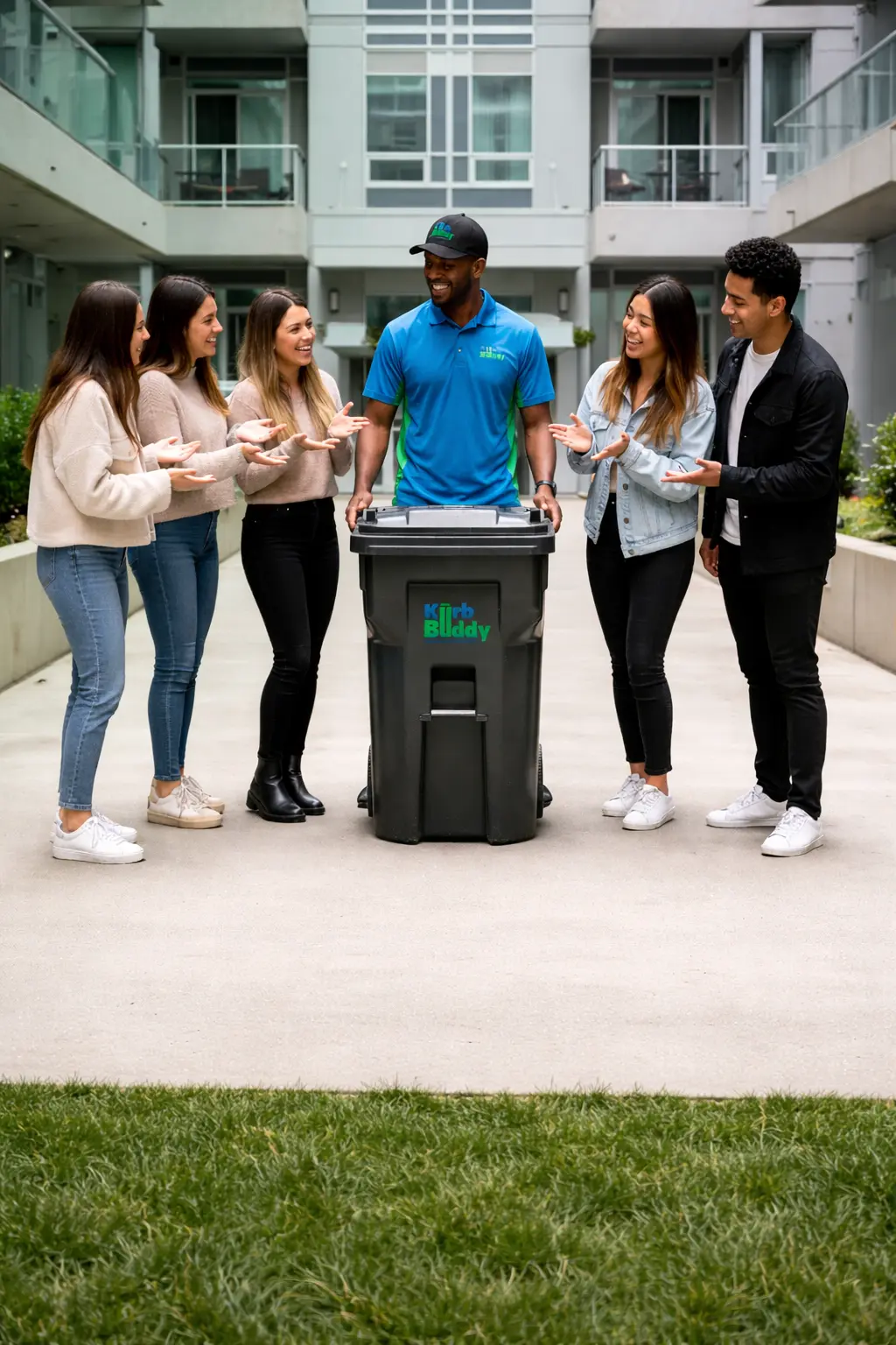 Smiling man in blue Kurb Buddy uniform stands behind a trash bin while five people gesture toward him in a modern courtyard.