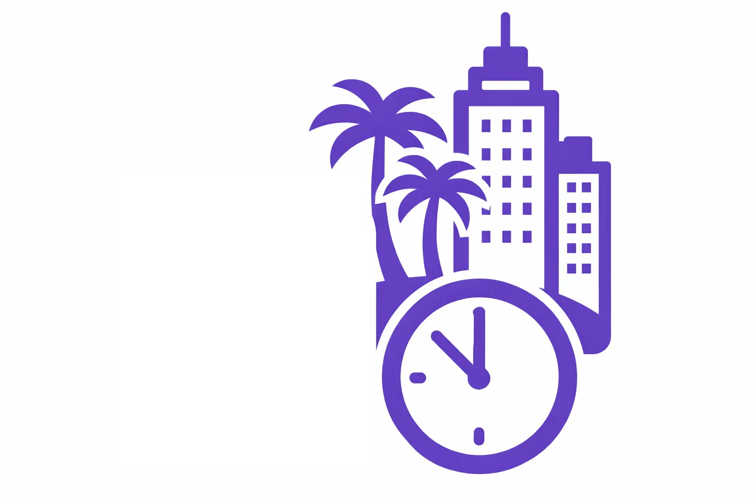 Purple icon of a cityscape with buildings, palm trees, and a clock showing 11:00.