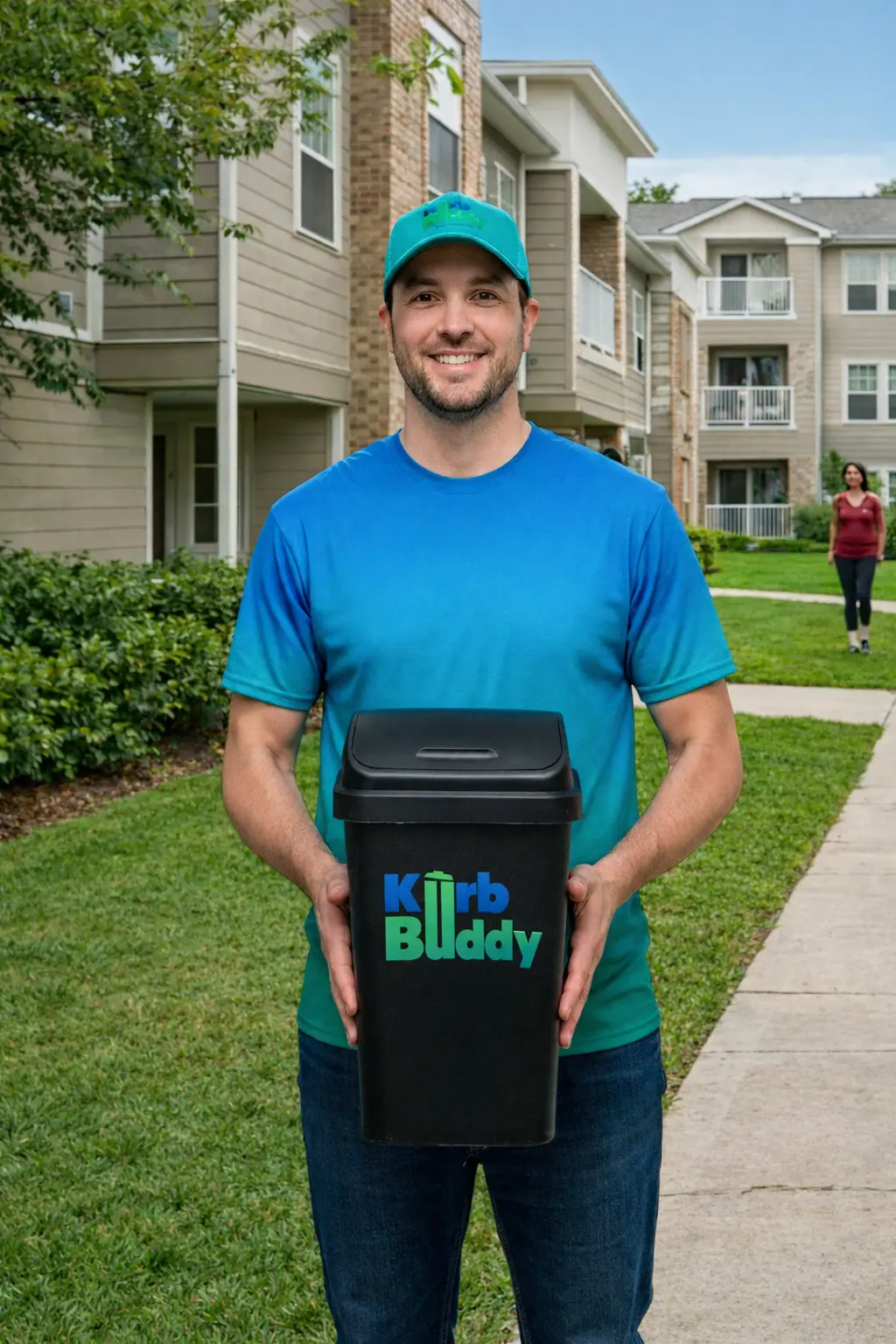 Smiling man in a blue shirt and cap holding a black bin with 'Kurb Buddy' logo in a residential neighborhood.