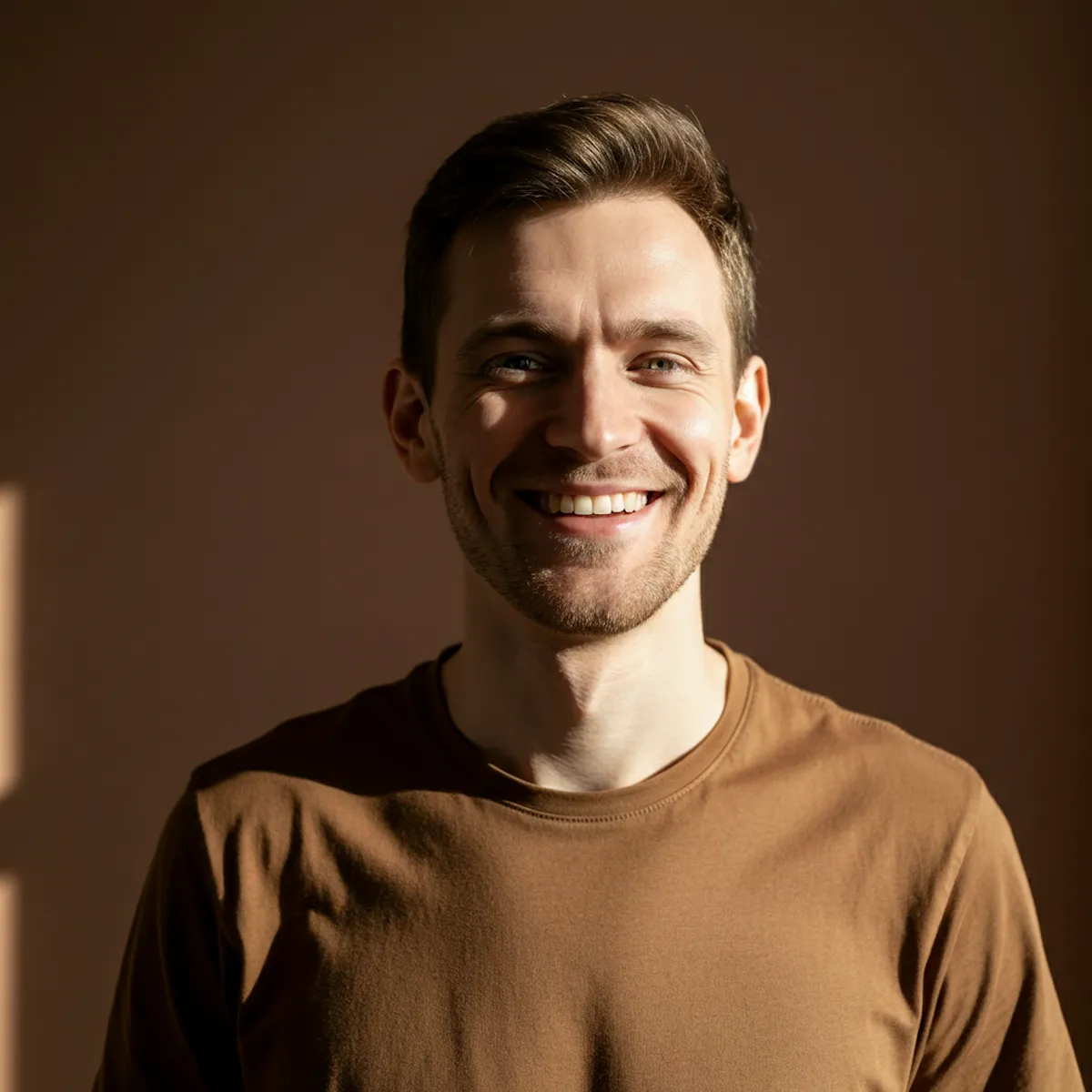 Portrait of a man smiling warmly in soft studio lighting.