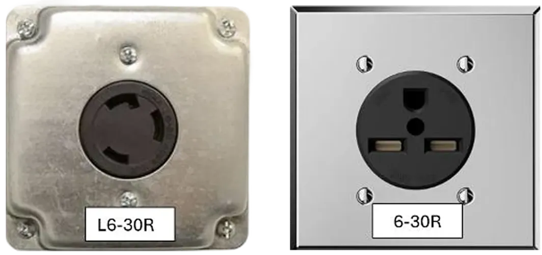 Two industrial electrical power outlets side by side, left labeled L6-30R in a silver metal plate, right labeled 6-30R in a square silver plate.
