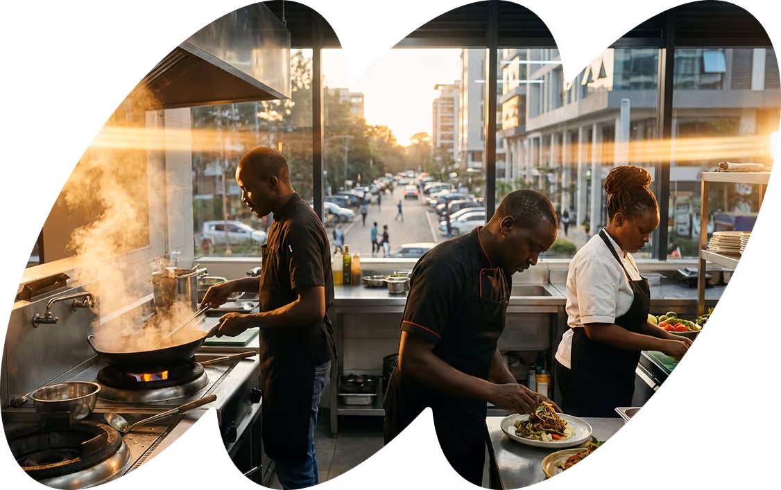 An image of 3 chefs cooking in a commercial kitchen
