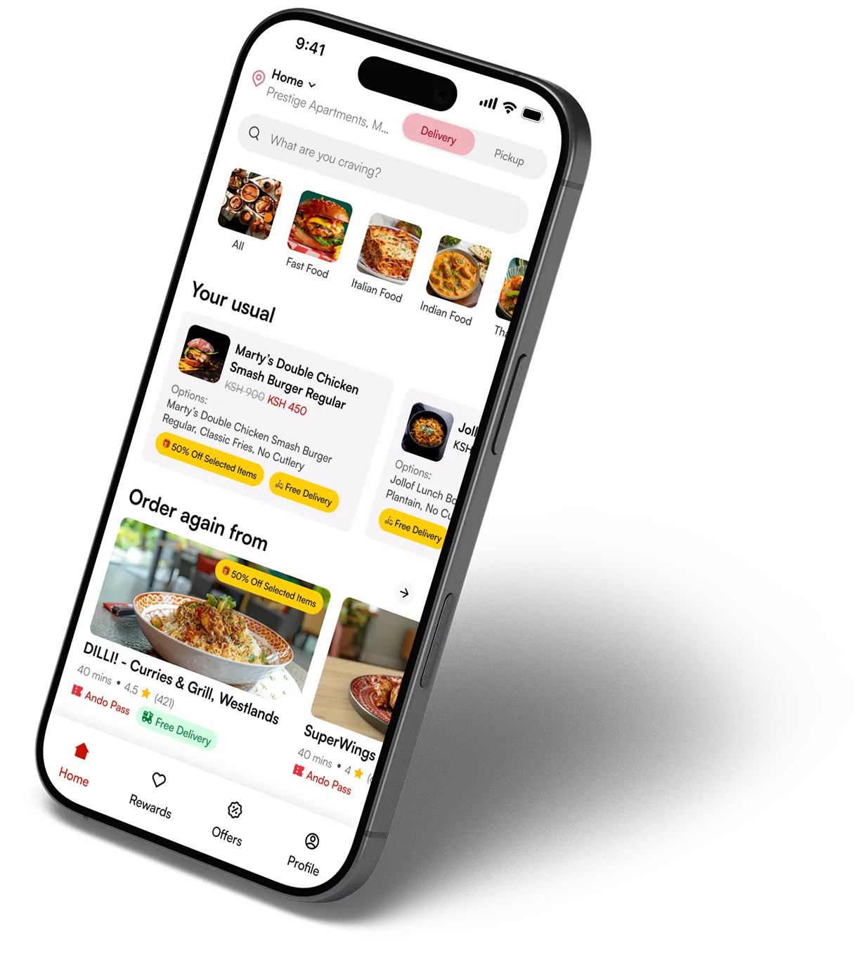Ando app home screen showing food delivery options, usual orders, discounts, and navigation menu on screen.