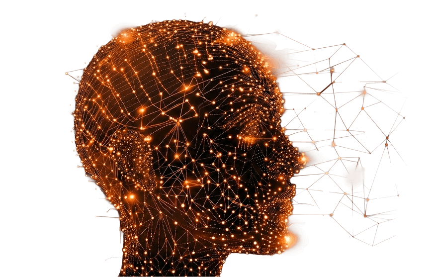 Digital human head silhouette composed of interconnected glowing orange nodes and lines on a black background.