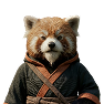 Red panda wearing a dark cloak with brown leather straps against a black background.
