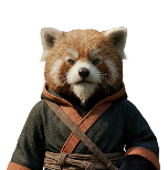 Red panda wearing a dark robe with a brown sash, standing against a white background.