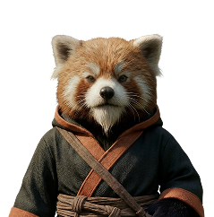 Anthropomorphic red panda wearing a traditional robe with a crossed sash.