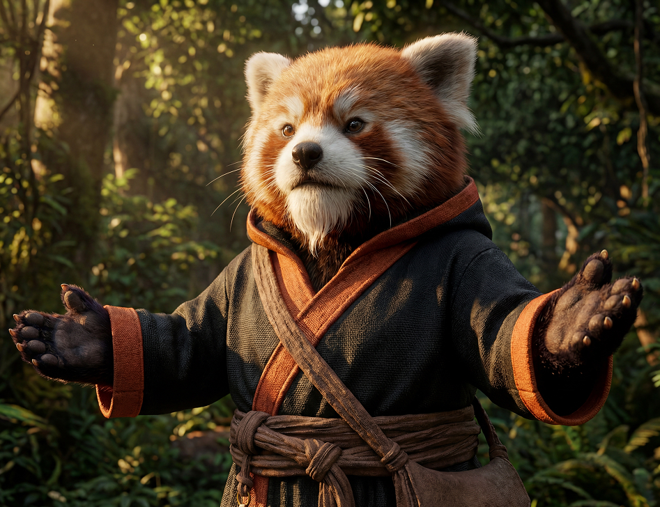 Anthropomorphic red panda wearing a robe with orange trim and a brown belt, standing with arms open in a forest.