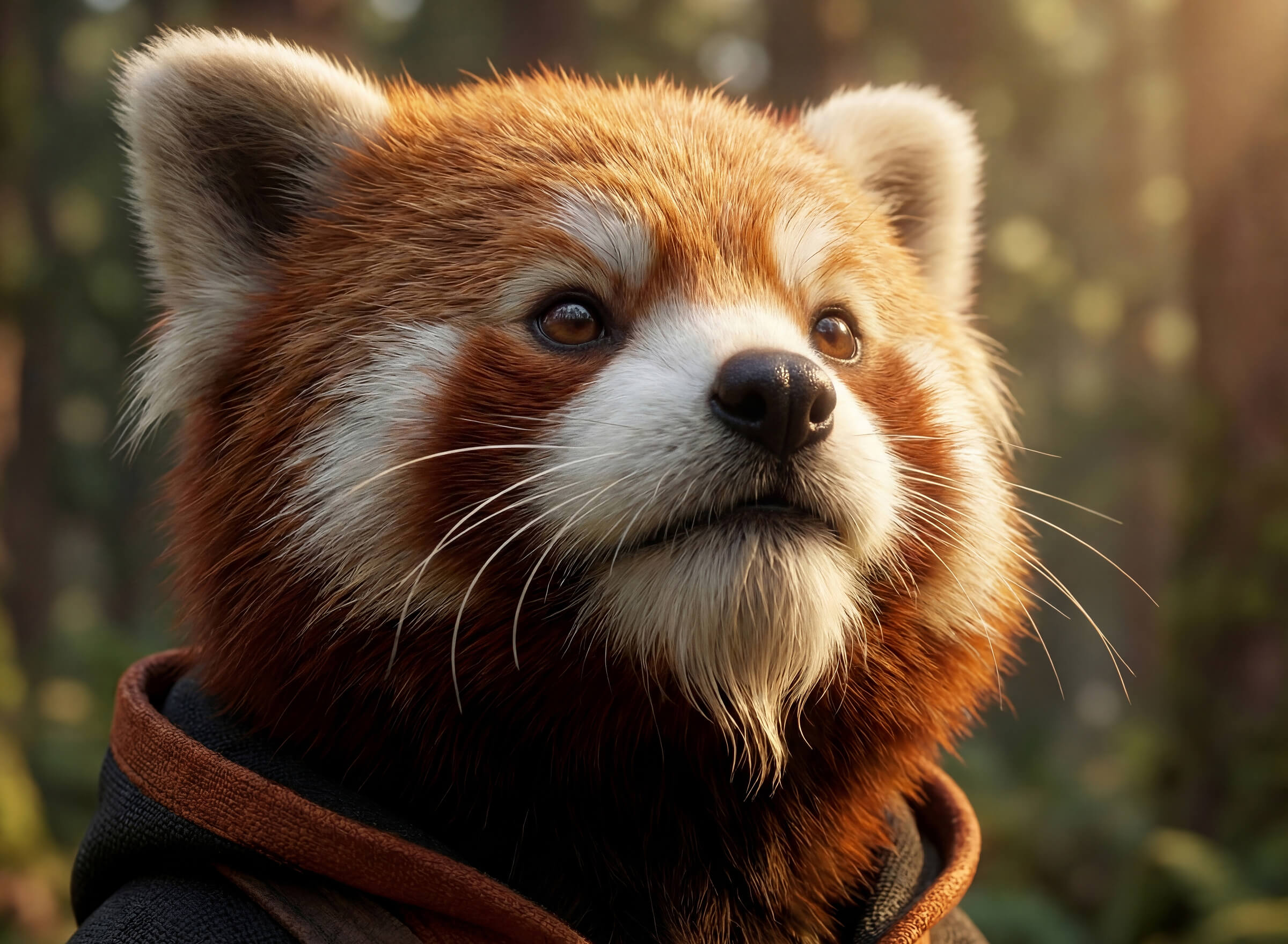 Close-up of a red panda wearing a dark hoodie with a brown trim, looking thoughtfully upward.