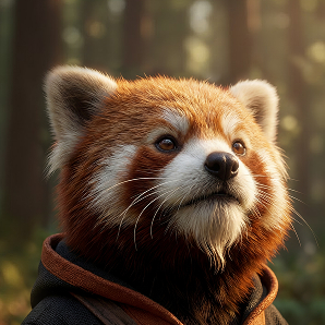 Close-up of a red panda with detailed fur, wearing a dark jacket, looking contemplatively to the side in a forest setting.
