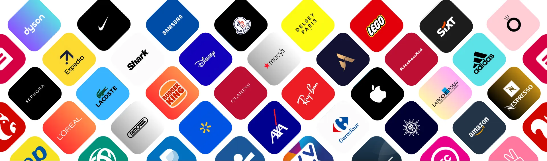 Grid of colourful squares each containing a well-known brand logo including Apple, Nike, Samsung, Lego, Disney, Amazon, Adidas, and Burger King.