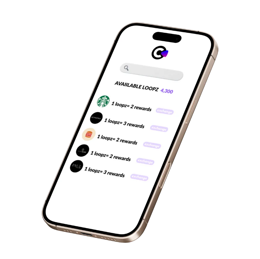Smartphone screen showing a rewards app interface with a search bar, 4,300 available points, and exchange options for Starbucks, Sephora, Burger King, Revolve, and Paul rewards.