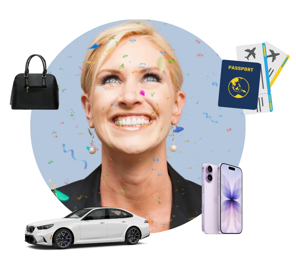 Smiling blonde woman with confetti around her face, surrounded by images of a black handbag, a white car, a smartphone, and a passport with boarding passes.
