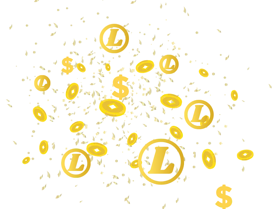 Scattered digital gold Litecoin coins and dollar symbols on a black background.