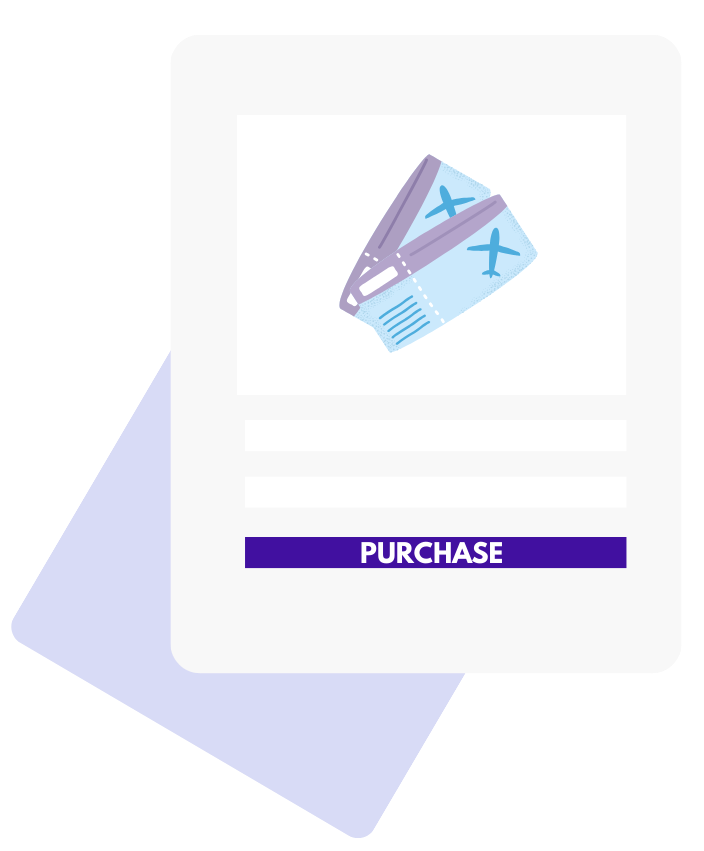 Digital form showing two blue airplane tickets and a purple purchase button.