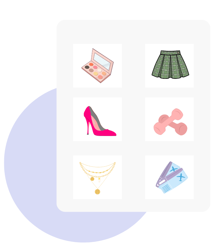 Grid of six items including makeup palette, green plaid skirt, pink high heel shoe, pink dumbbells, layered gold necklaces, and blue boarding passes.