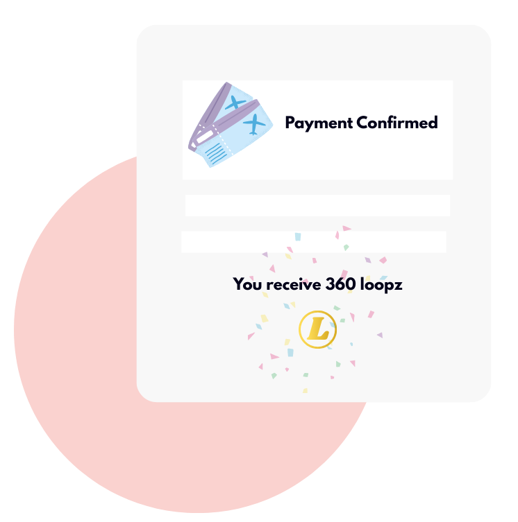 Illustration of two boarding passes with text confirming payment and awarding 360 loopz with confetti.