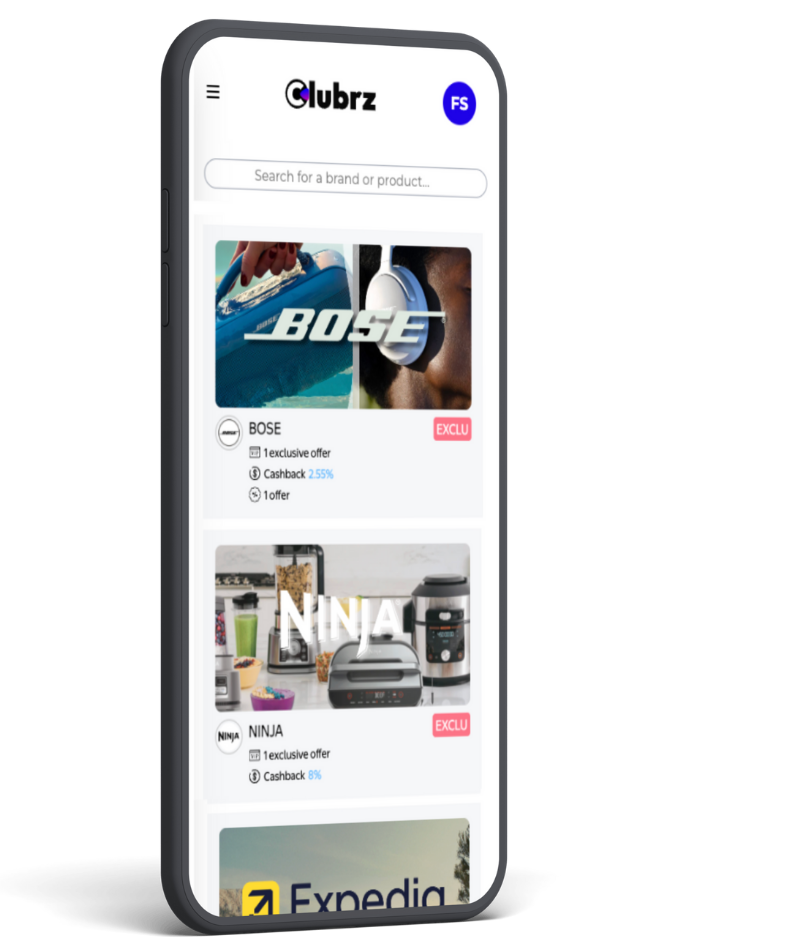 Mobile screen displaying Clubrz app with exclusive offers from Bose headphones, Ninja kitchen appliances, and Expedia.