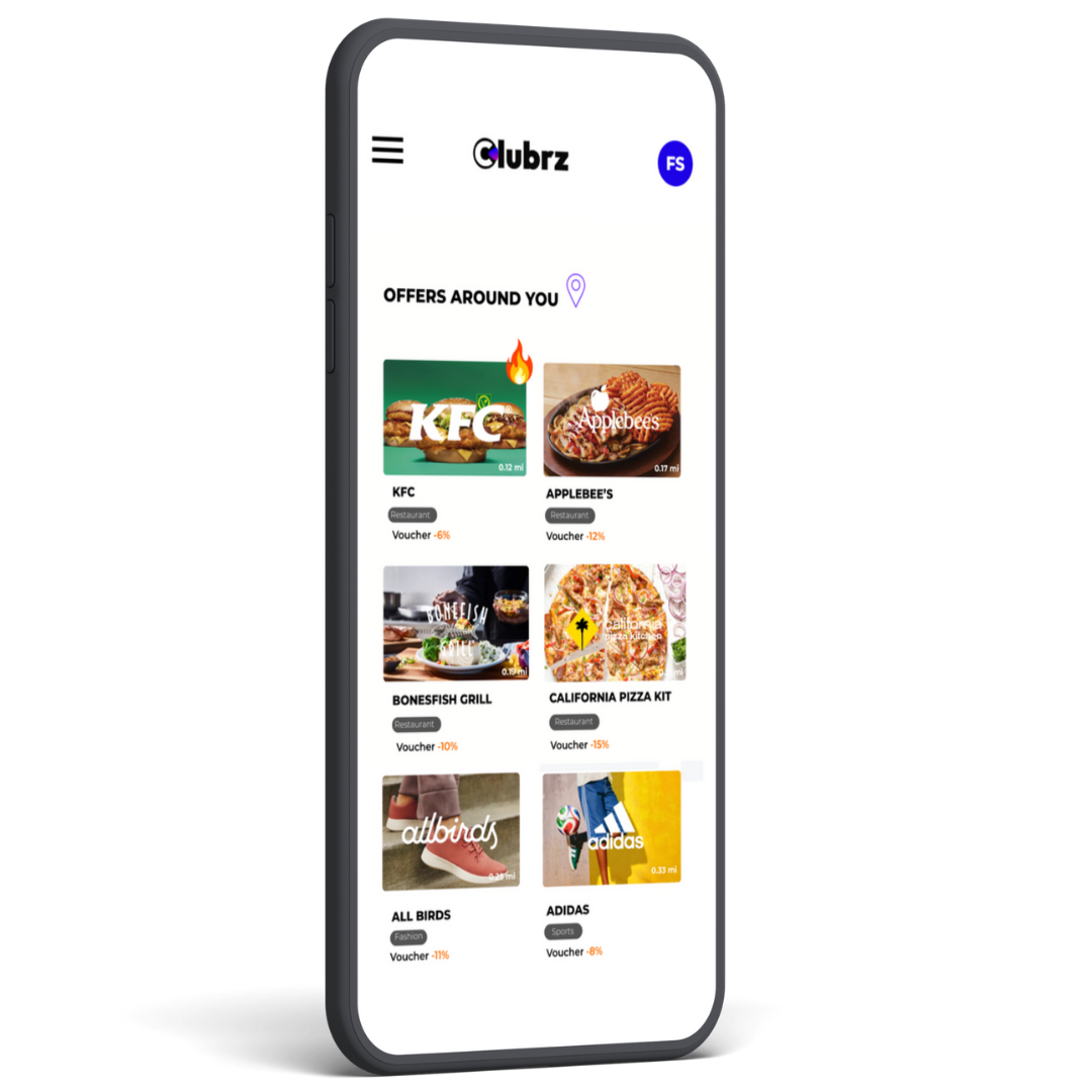 Mobile screen displaying Clubrz app with exclusive offers from Bose headphones, Ninja kitchen appliances, and Expedia.
