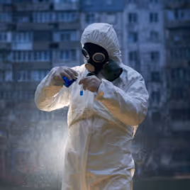 Person in full protective suit and gas mask handling a test tube outdoors at night.