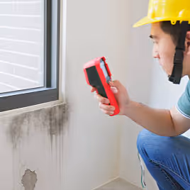 Man wearing a yellow hard hat and holding a red moisture meter near a damaged wall with mold and peeling paint by a window.