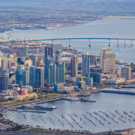 Aerial view of a city skyline with high-rise buildings along a waterfront, featuring a large bridge in the background and a marina with numerous boats.