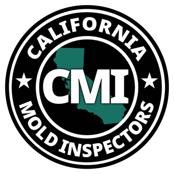 Logo with green California state shape in the center and bold white letters 'CMI' over it, encircled by the text 'California Mold Inspectors' with stars on each side.