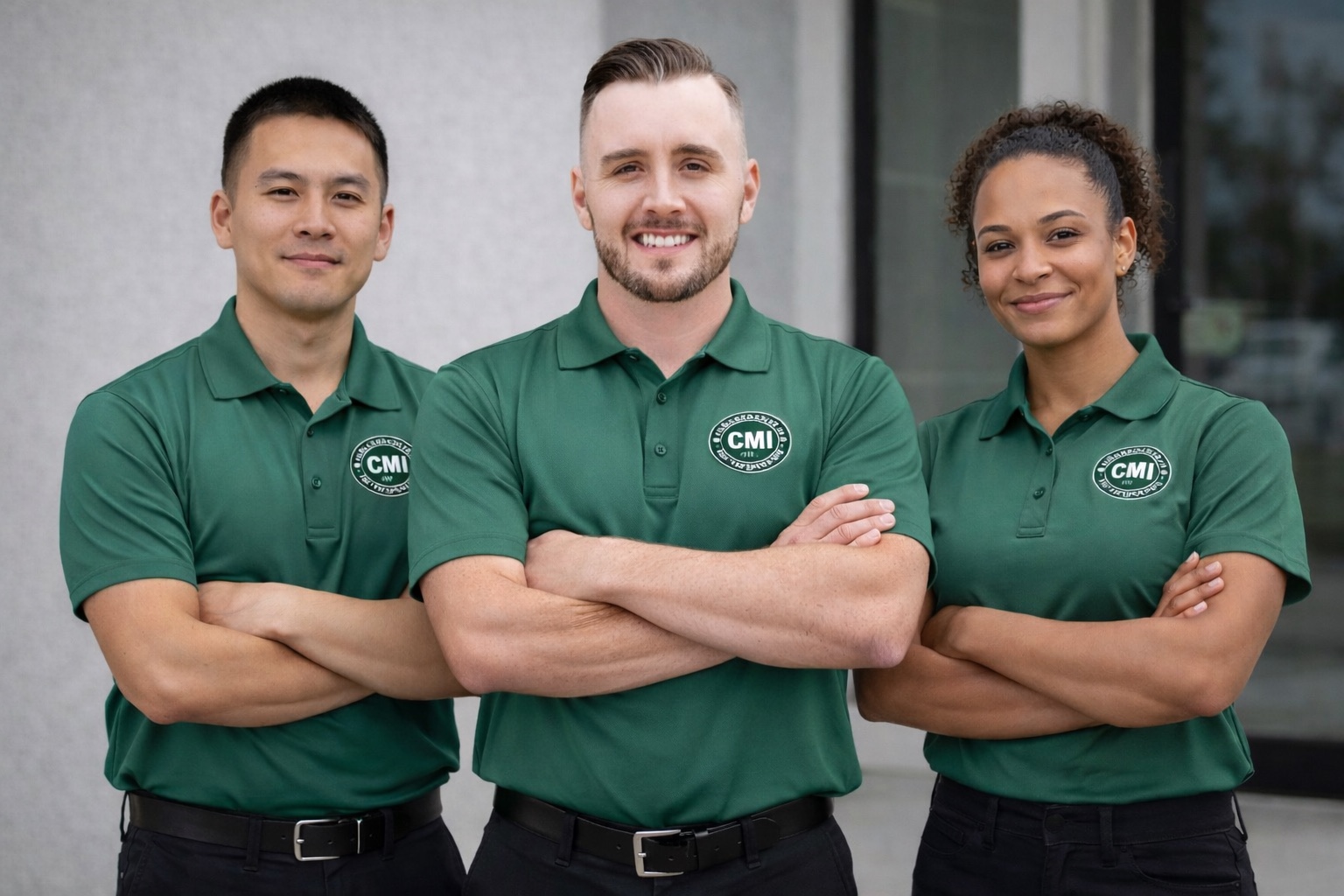 Three smiling team members wearing matching green CMI polo shirts with arms crossed.