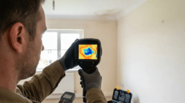 Man using a thermal imaging camera to detect heat variations on an indoor wall.