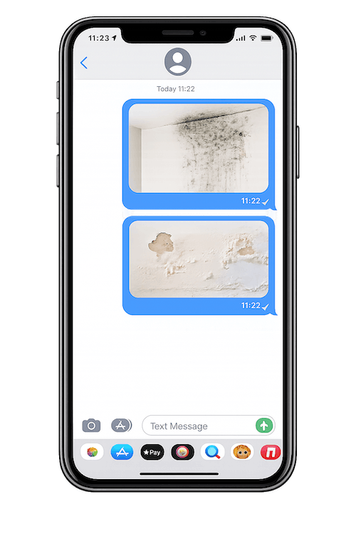Smartphone screen showing a text message conversation with two photos of damaged walls, one with black mold and the other with peeling paint and damp spots.