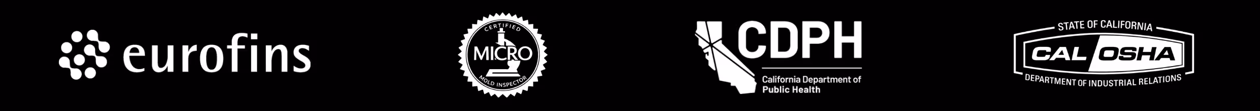 Logos of Eurofins, Micro Certified Mold Inspector, California Department of Public Health, and California OSHA Department of Industrial Relations.