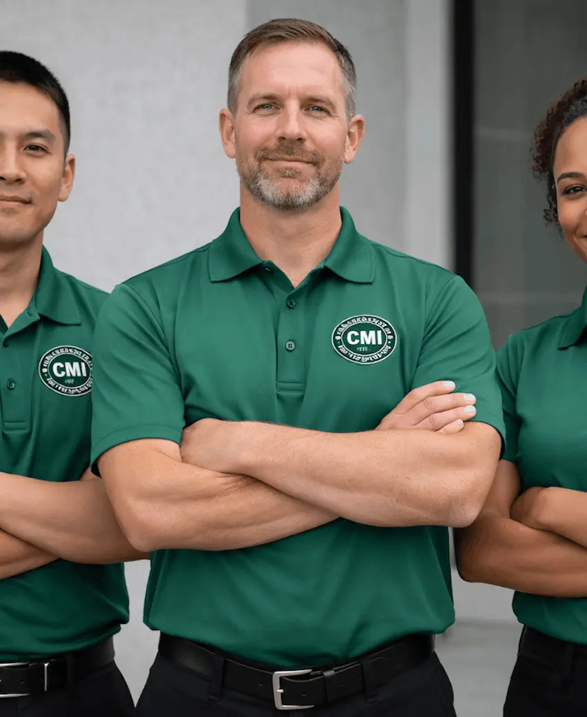 Three smiling team members wearing matching green CMI polo shirts with arms crossed.