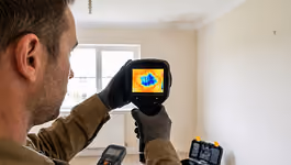 Man using a thermal imaging camera to detect heat variations on an indoor wall.
