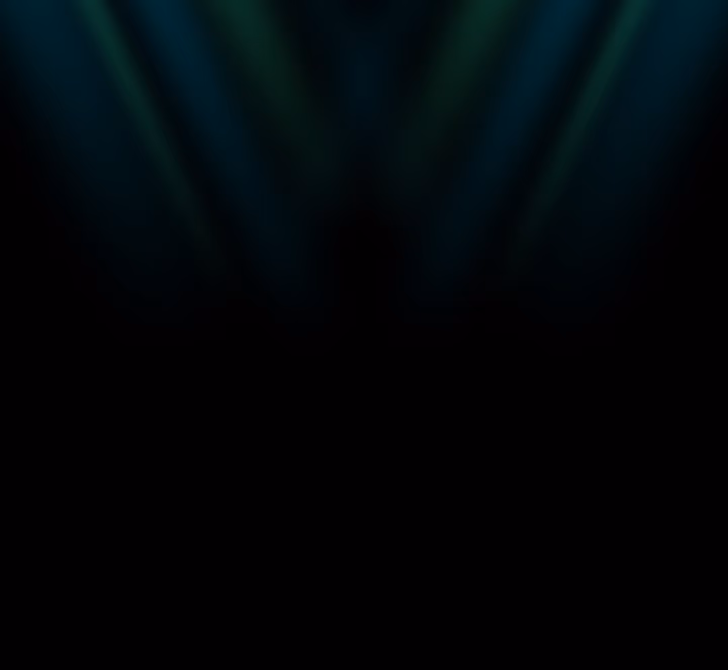 Dark abstract background with soft green and blue gradient light rays converging towards the center.