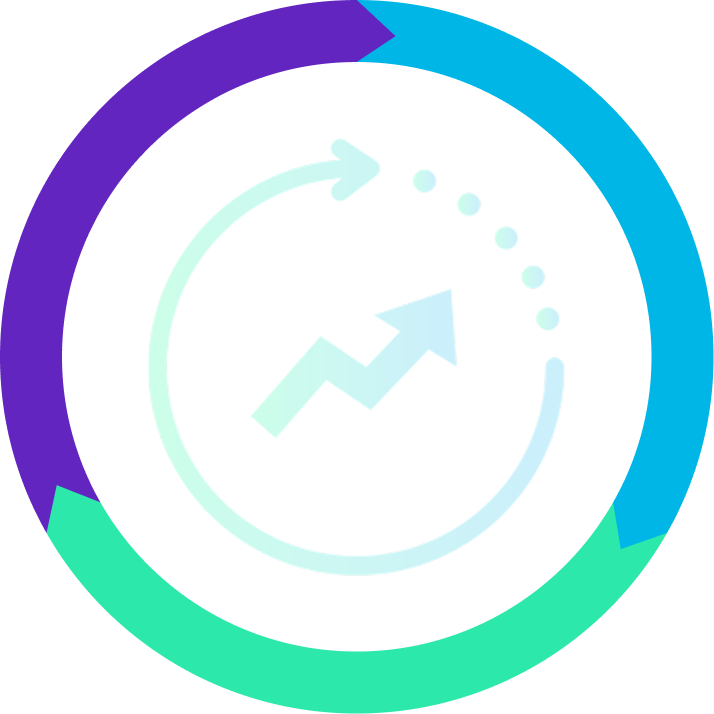 Circular chart with three colored arrows pointing clockwise surrounding an upward zigzag arrow inside a dotted circular arrow.