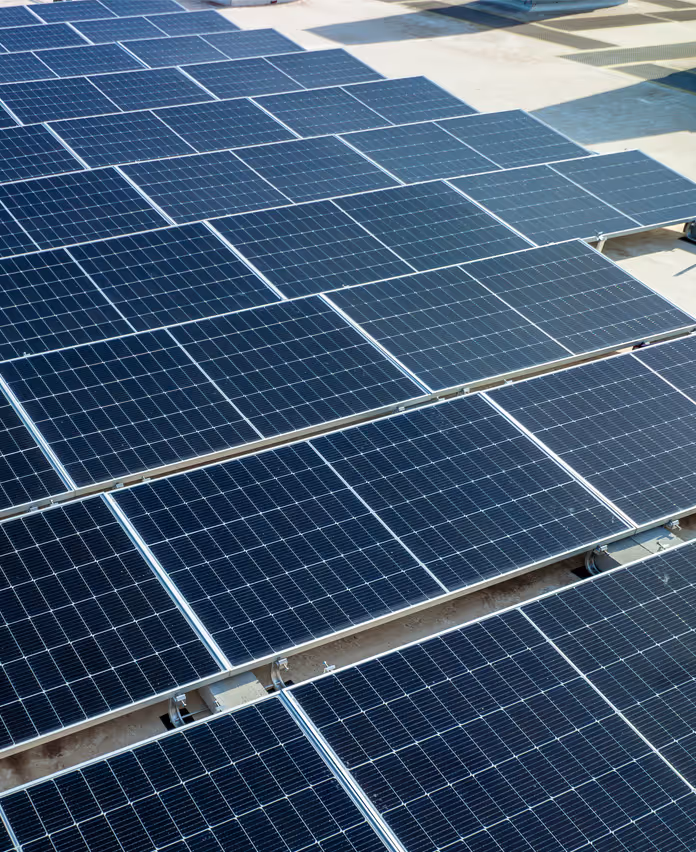 Rows of blue solar panels installed on a flat rooftop under sunlight.