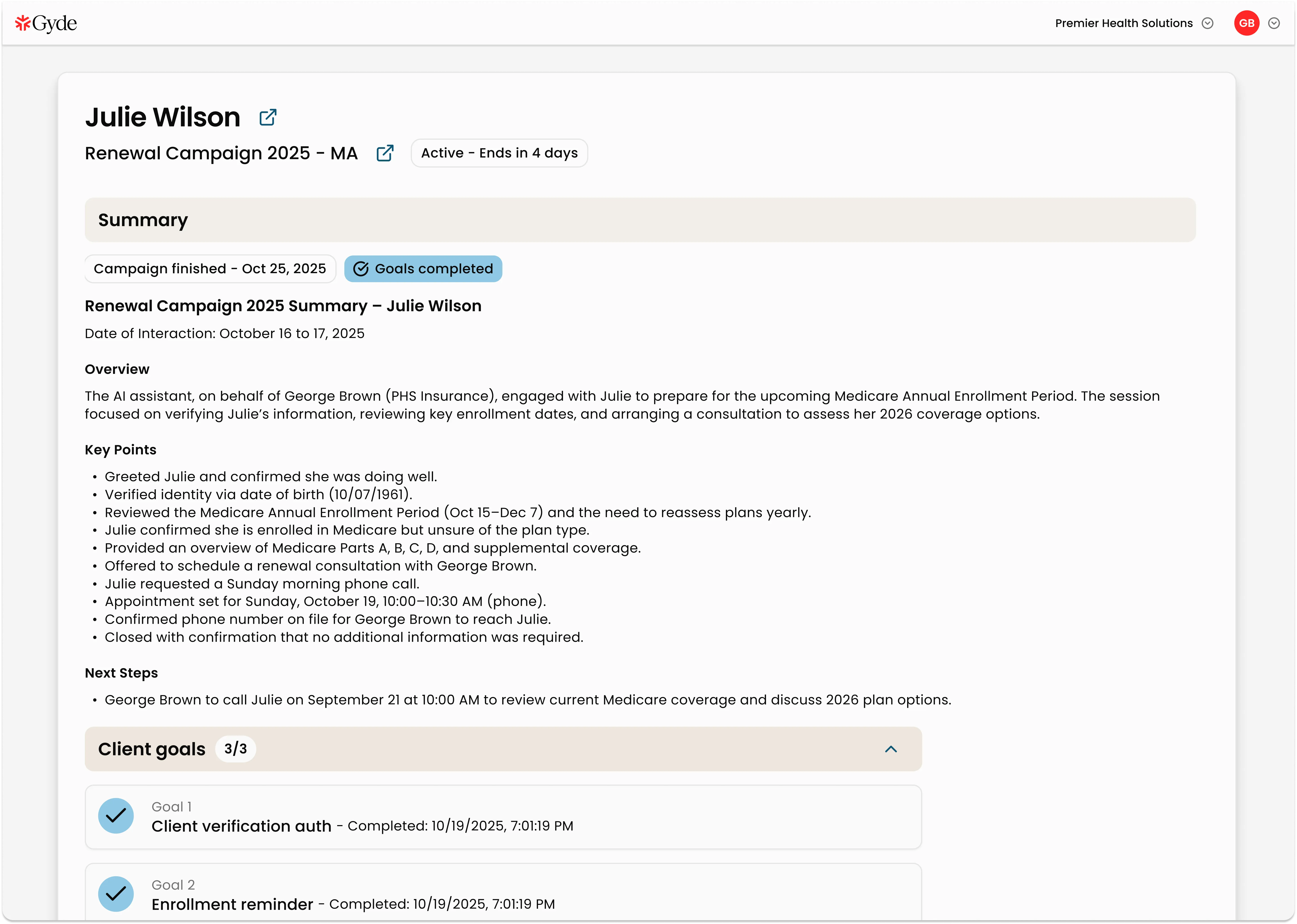 GydeOS campaign screenshot showing Gyde's AI assistant proactively engaging client Julie Wilson ahead of Medicare enrollment: confirming key dates, summarizing coverage needs, and booking a broker meeting to plan her coverage for the upcoming year.