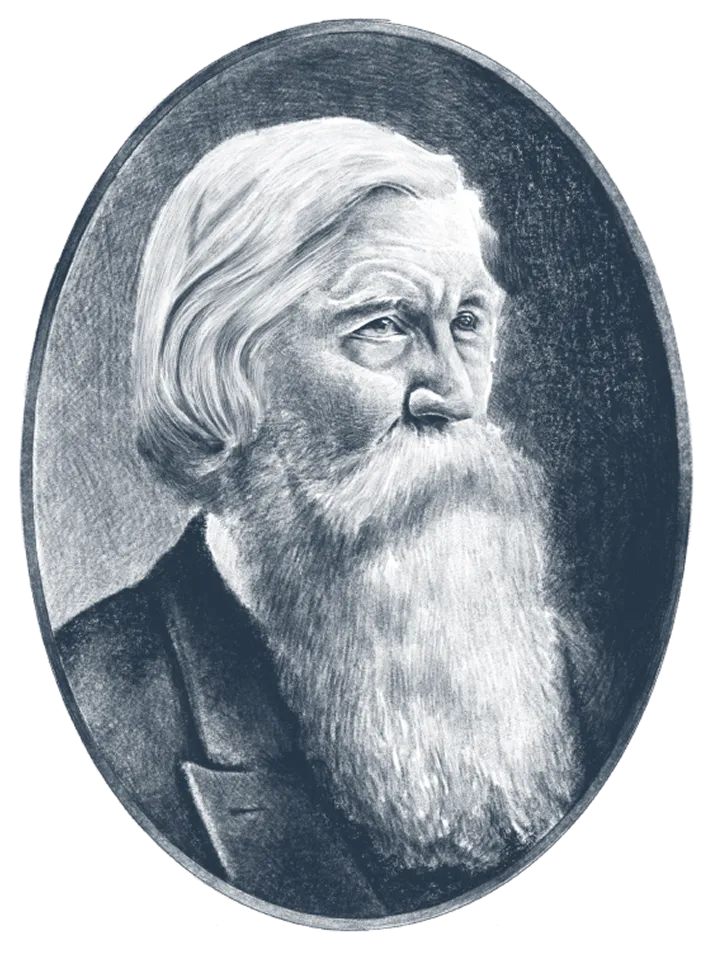 A drawing of a man with a long white beard.